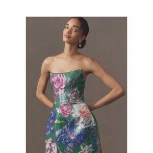 Anthropologie Strapless Green Floral Mini Dress with Pink & Blue Blooms